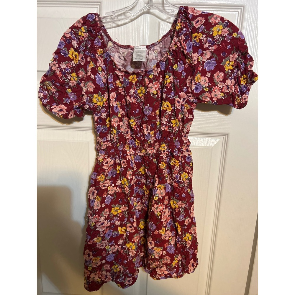 Forever Me Girls XXL 18 Burgundy Floral Puff Sleeve Elastic Waist‎ Rayon Romper
